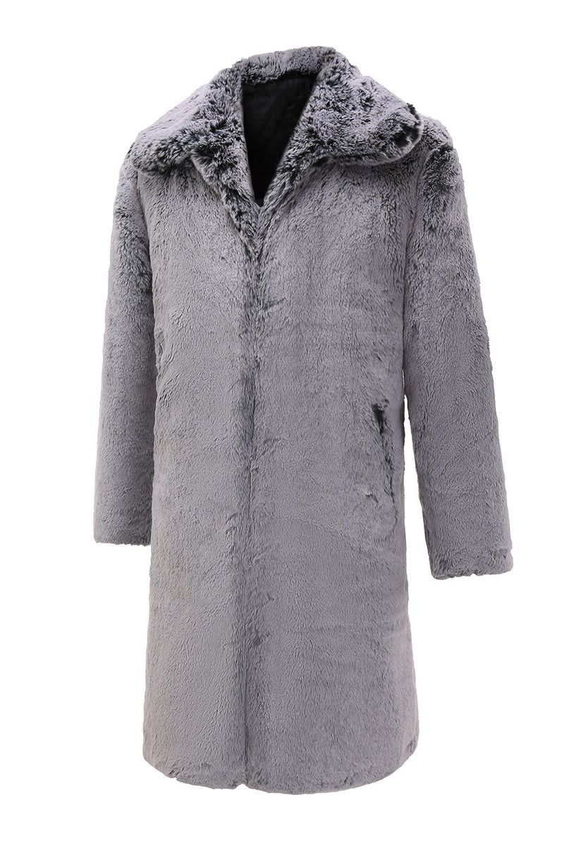 Load image into Gallery viewer, Grey Fluffy Long Sleeve Faux Fur Men&#39;s Coat with Pockets