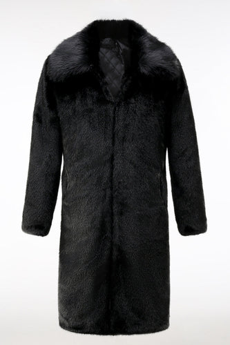 Fluffy Black Faux Fur Men's Coat with Pockets