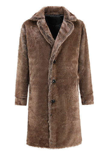 Fluffy Coffee Long Faux Fur Men Coat with Pockets