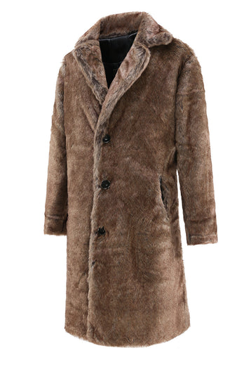 Fluffy Coffee Long Faux Fur Men Coat with Pockets