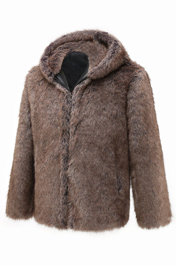 Khaki Men's Winter Faux Fur Coat Hooded