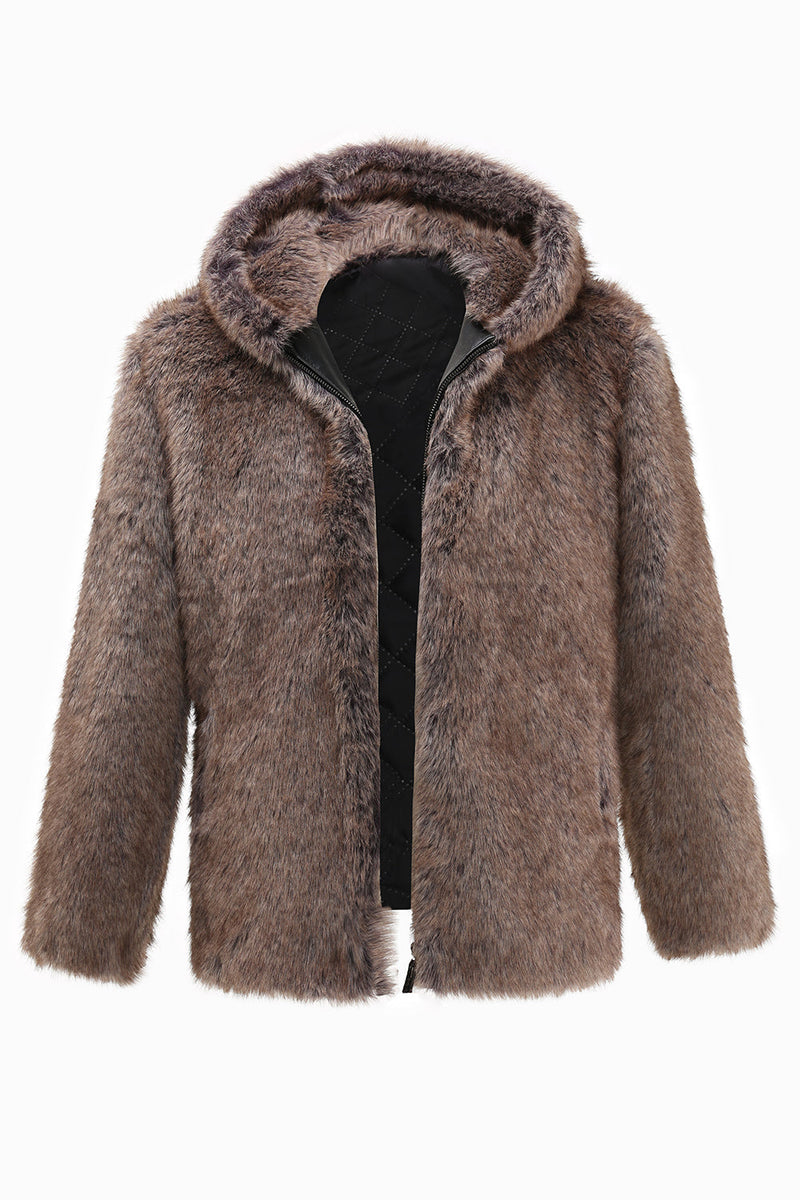 Load image into Gallery viewer, Khaki Men&#39;s Winter Faux Fur Coat Hooded