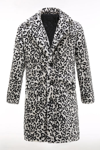 Men's Winter White Black Faux Fur Coat Button Mid-Length Leopard Print