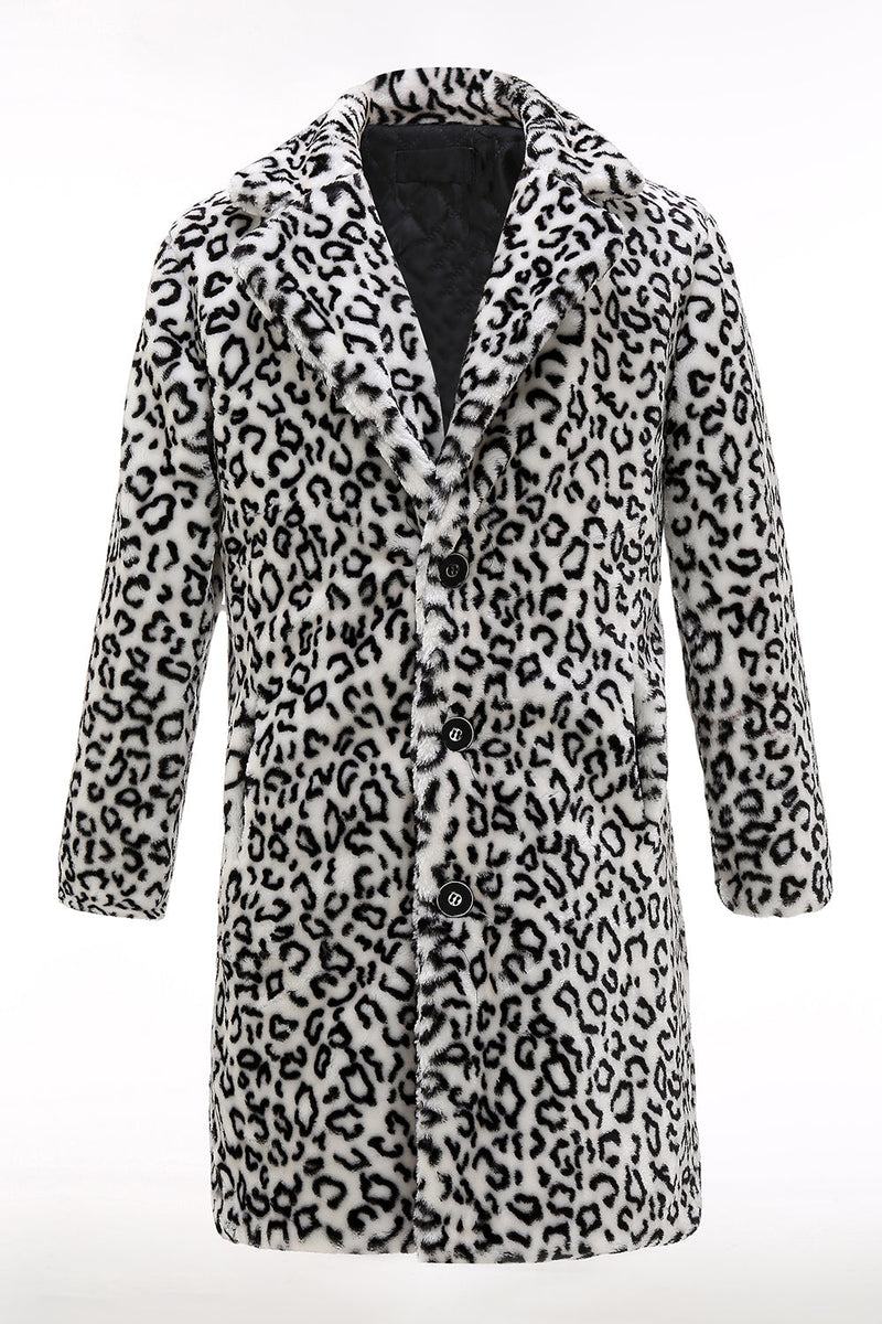 Load image into Gallery viewer, Men&#39;s Winter White Black Faux Fur Coat Button Mid-Length Leopard Print