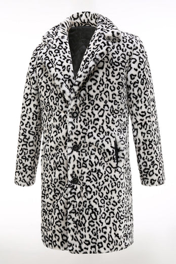 Men's Winter White Black Faux Fur Coat Button Mid-Length Leopard Print