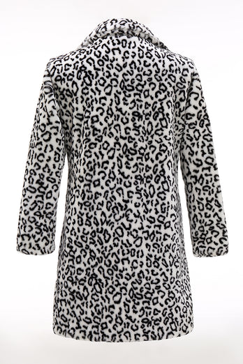 Men's Winter White Black Faux Fur Coat Button Mid-Length Leopard Print