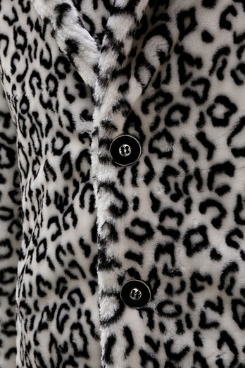 Men's Winter White Black Faux Fur Coat Button Mid-Length Leopard Print