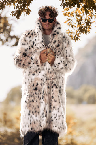 White Mid-Length Long Sleeve Faux Fur Printed Leopard Men's Coat