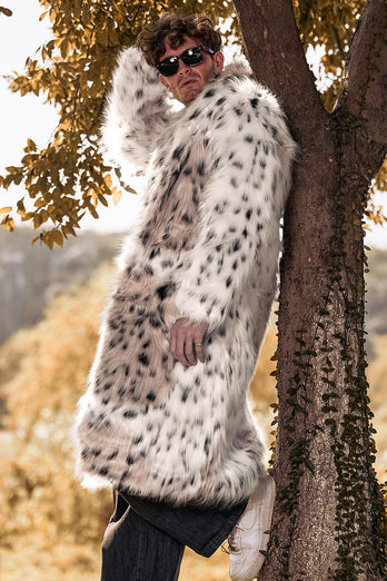 White Mid-Length Long Sleeve Faux Fur Printed Leopard Men's Coat