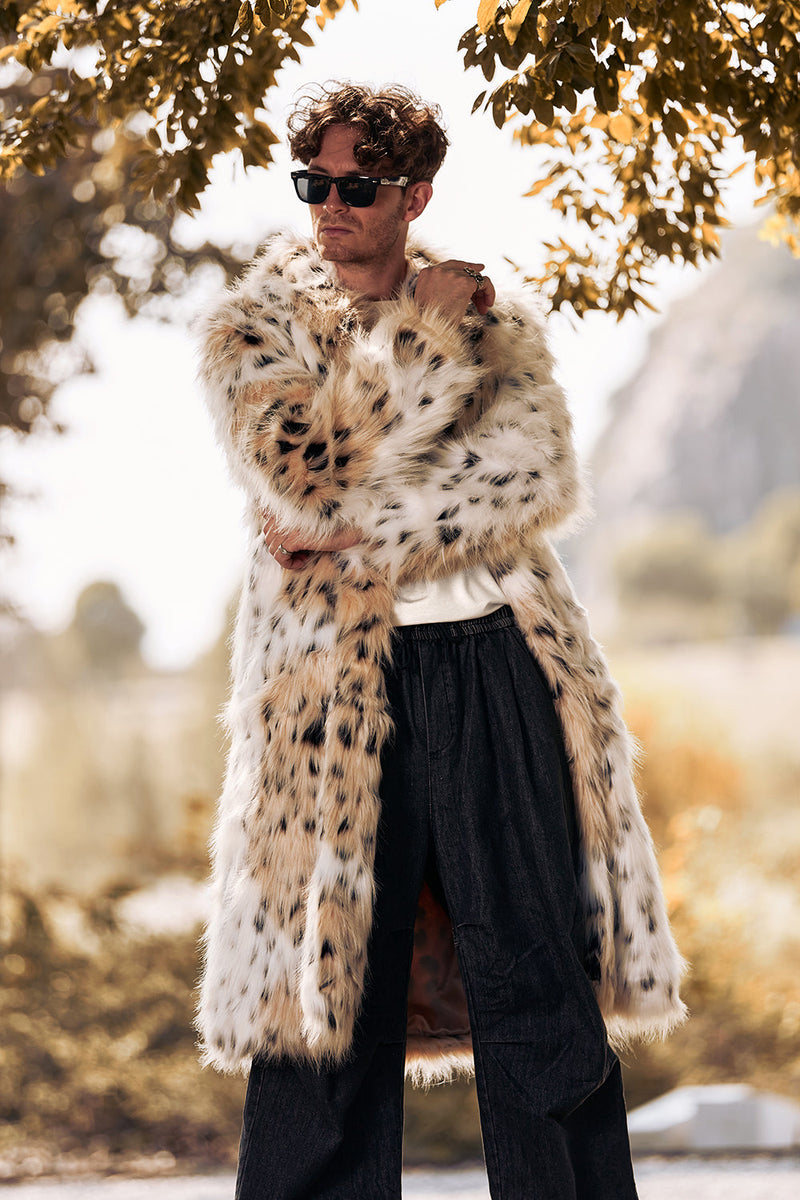 Load image into Gallery viewer, White Mid-Length Long Sleeve Faux Fur Printed Leopard Men&#39;s Coat