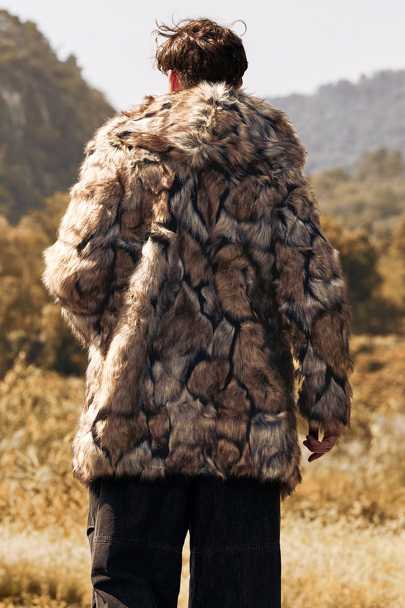 Load image into Gallery viewer, Brown Thick Hooded Long Sleeves Winter Faux Fur Men&#39;s Coat