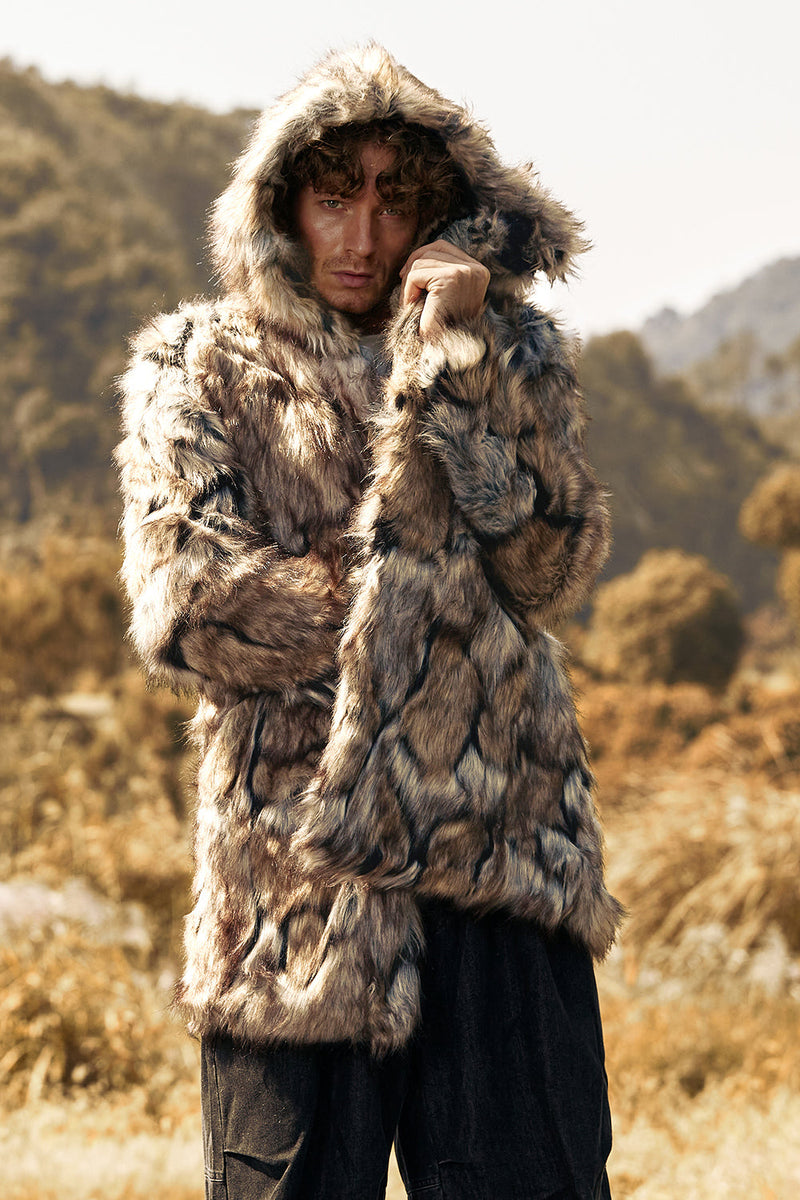 Load image into Gallery viewer, Brown Thick Hooded Long Sleeves Winter Faux Fur Men&#39;s Coat