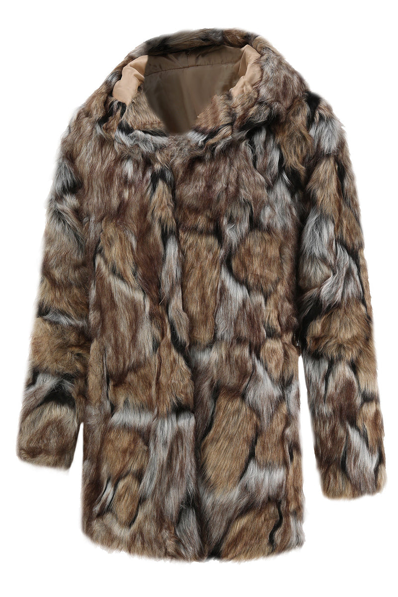 Load image into Gallery viewer, Brown Winter Men&#39;s Faux Fur Coat Thick Hooded Long Sleeves