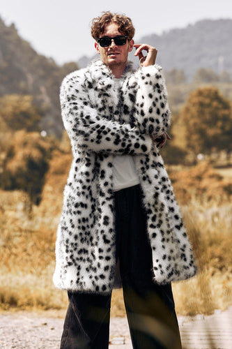 White Black Faux Fur Print Leopard Mid-Length Collar Men's Coat