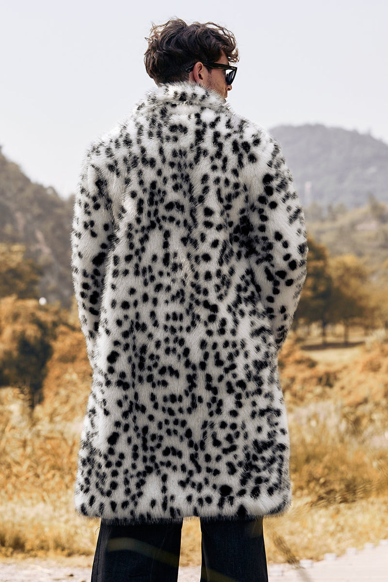 Load image into Gallery viewer, White Black Faux Fur Print Leopard Mid-Length Collar Men&#39;s Coat