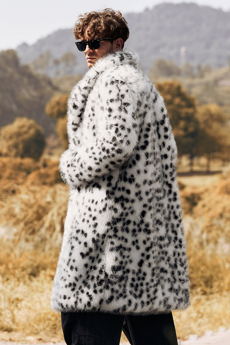 Load image into Gallery viewer, White Black Faux Fur Print Leopard Mid-Length Collar Men&#39;s Coat