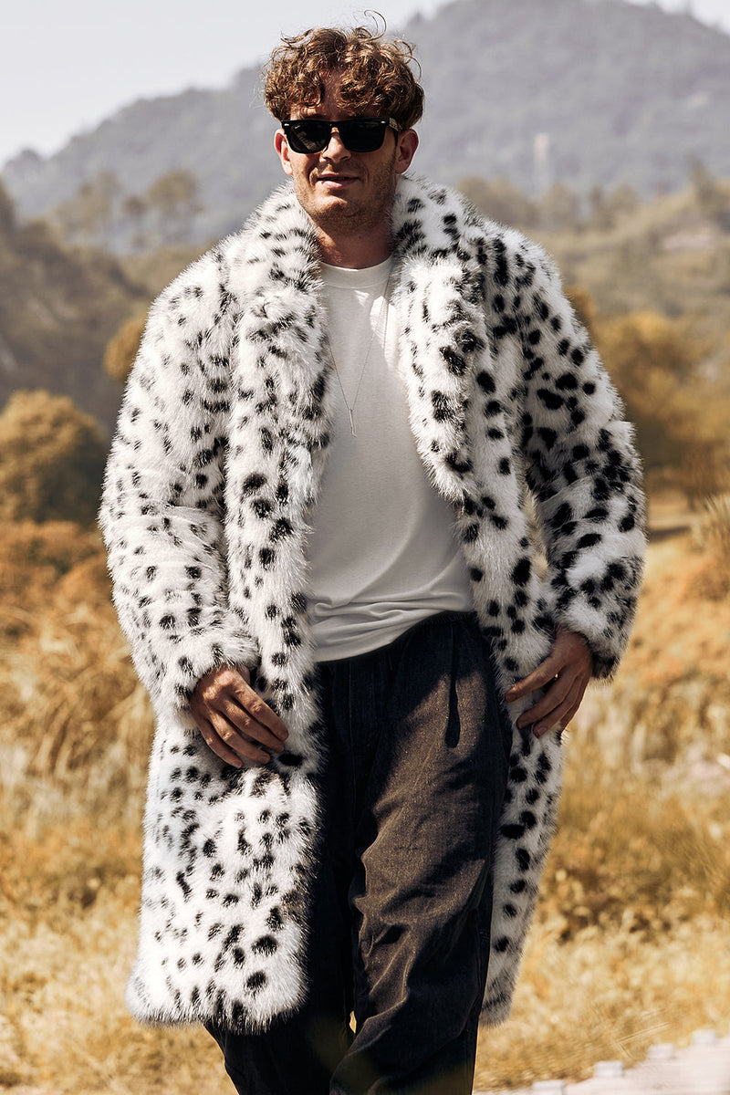 Load image into Gallery viewer, White Black Faux Fur Print Leopard Mid-Length Collar Men&#39;s Coat