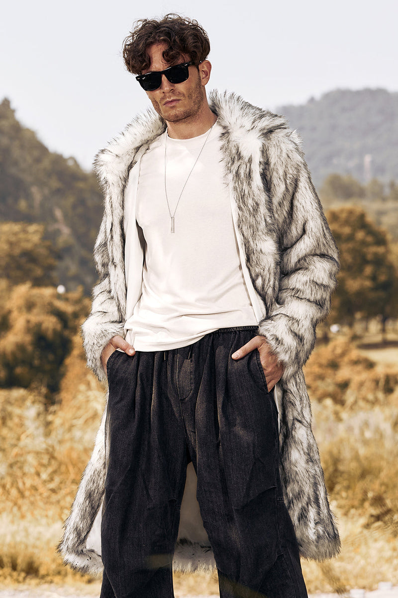 Load image into Gallery viewer, Light Grey Faux Fur Print Mid-Length Collar Men&#39;s Coat