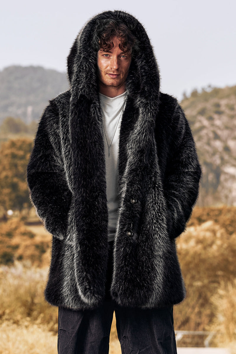 Load image into Gallery viewer, Black Puffy Long Sleeve Hooded Faux Fur Winter Men&#39;s Coat