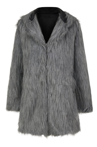 Grey Men's Faux Fur Coat Long Winter Solid Color Lapel Long Sleeves