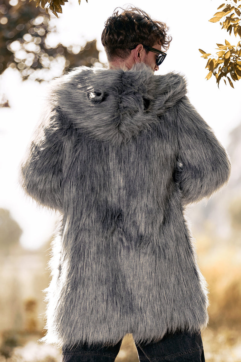 Load image into Gallery viewer, Grey Lapel Solid Color Faux Fur Long Sleeves Winter Men&#39;s Coat