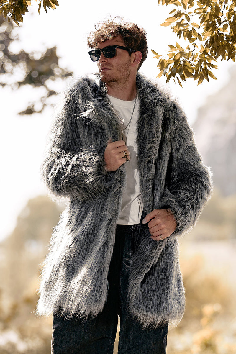 Load image into Gallery viewer, Grey Lapel Solid Color Faux Fur Long Sleeves Winter Men&#39;s Coat