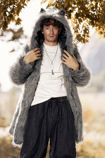 Grey Lapel Solid Color Faux Fur Long Sleeves Winter Men's Coat