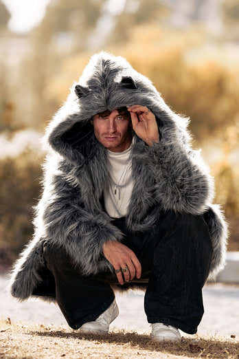 Grey Lapel Solid Color Faux Fur Long Sleeves Winter Men's Coat