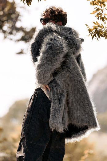 Grey Lapel Solid Color Faux Fur Long Sleeves Winter Men's Coat