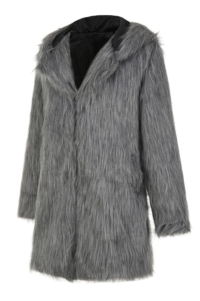 Load image into Gallery viewer, Grey Men&#39;s Faux Fur Coat Long Winter Solid Color Lapel Long Sleeves