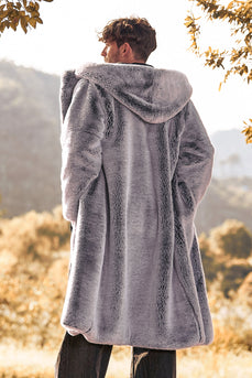 Grey Hooded Long Sleeve Faux Fur Winter Men's Coat