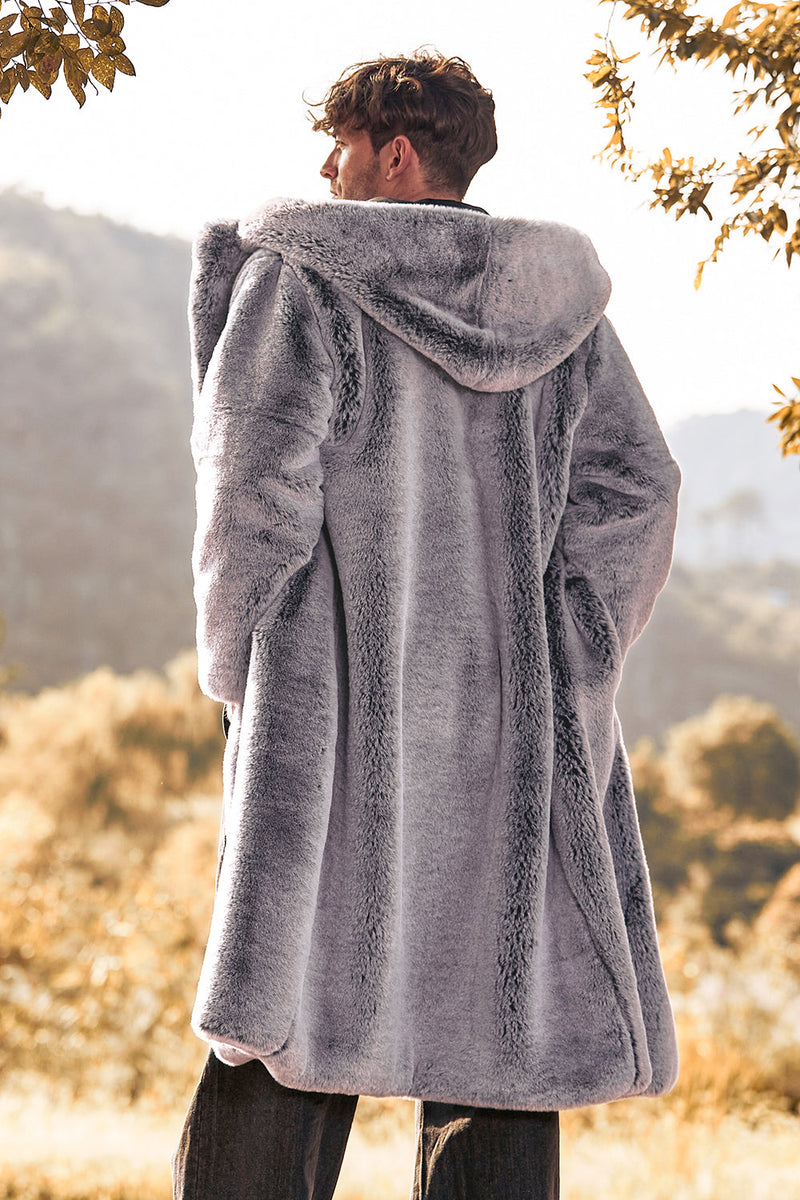 Load image into Gallery viewer, Grey Hooded Long Sleeve Faux Fur Winter Men&#39;s Coat