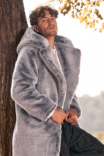 Grey Hooded Long Sleeve Faux Fur Winter Men's Coat