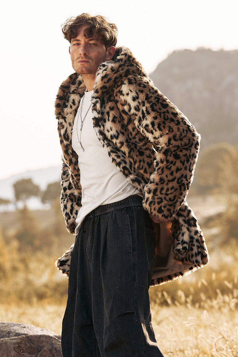 Load image into Gallery viewer, Leopard Mid-Length Faux Fur Winter Men&#39;s Coat