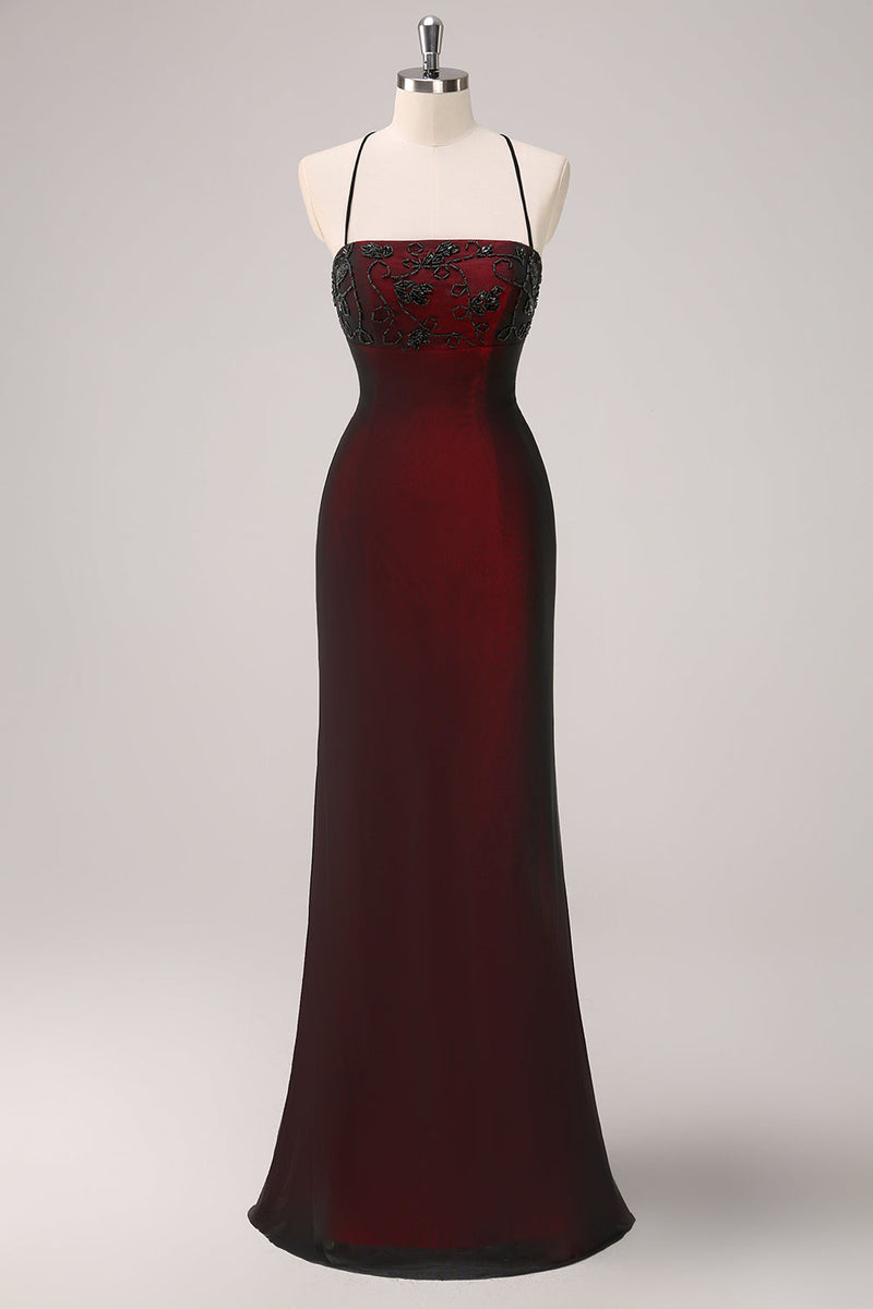 Load image into Gallery viewer, Black Red Spaghetti Straps Mermaid Bridesmaid Dress with Beading