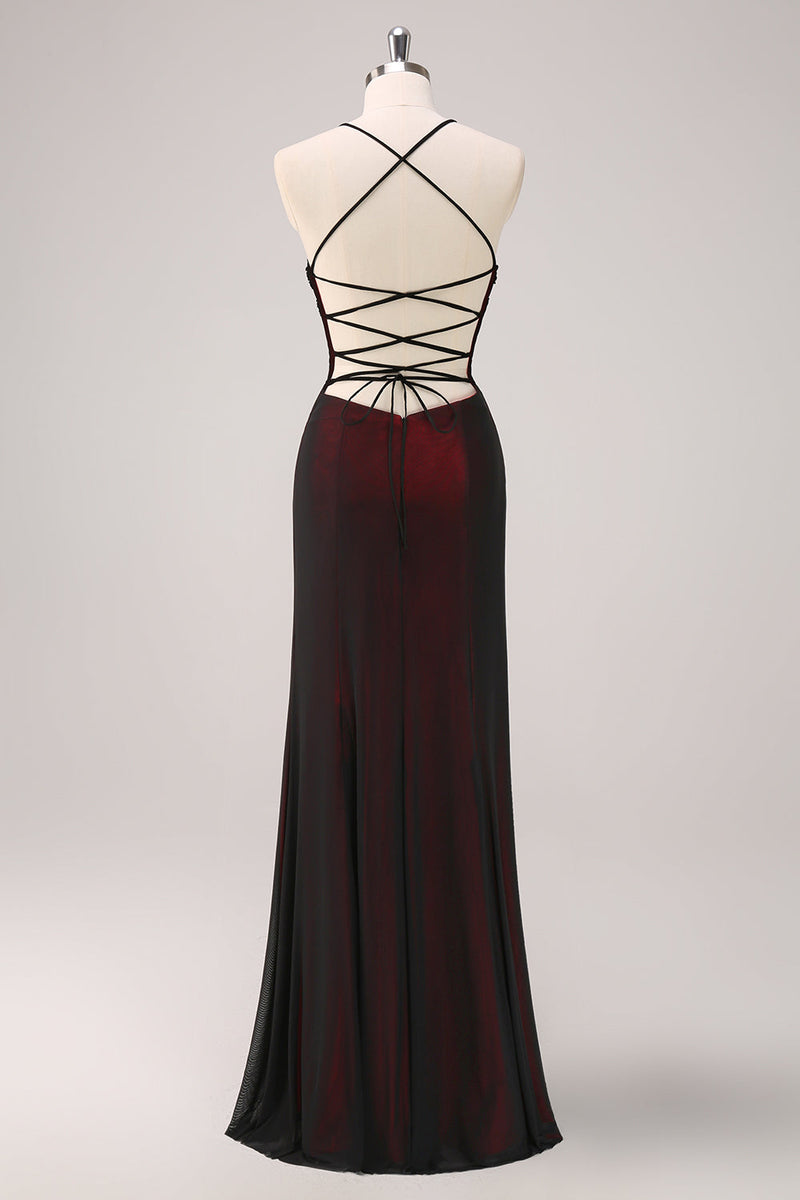 Load image into Gallery viewer, Black Red Spaghetti Straps Mermaid Bridesmaid Dress with Beading