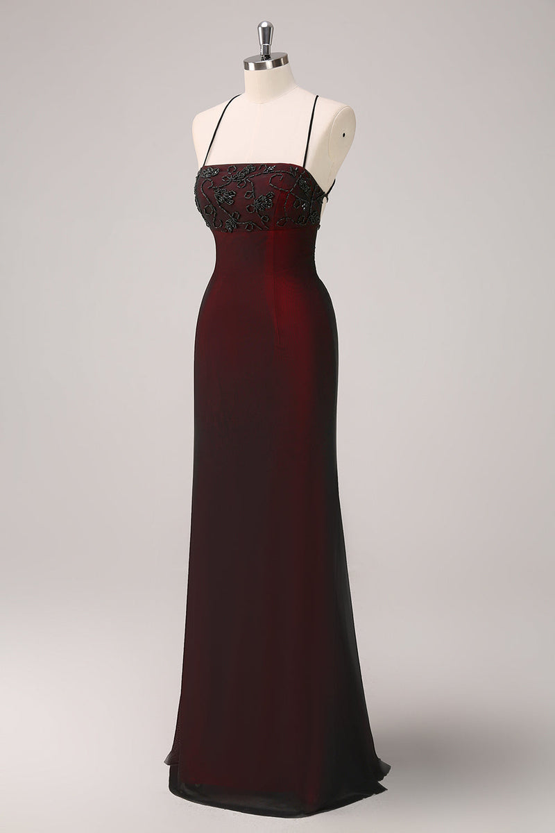 Load image into Gallery viewer, Black Red Spaghetti Straps Mermaid Bridesmaid Dress with Beading