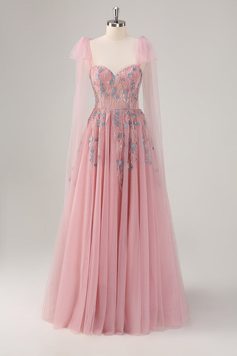 Load image into Gallery viewer, Pink A-Line Long Prom Dress with Appliques