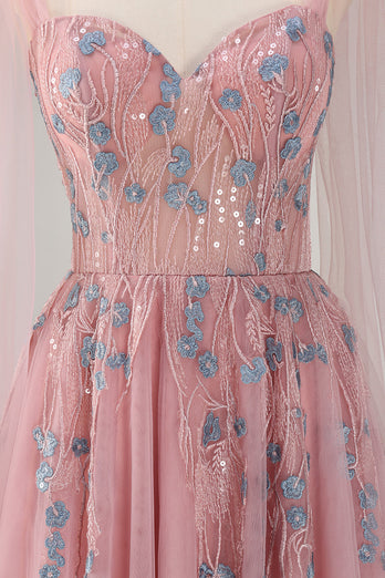 Pink A-Line Long Prom Dress with Appliques