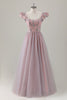 Load image into Gallery viewer, Grey Pink Floral A-Line Long Prom Dress with Short Sleeves