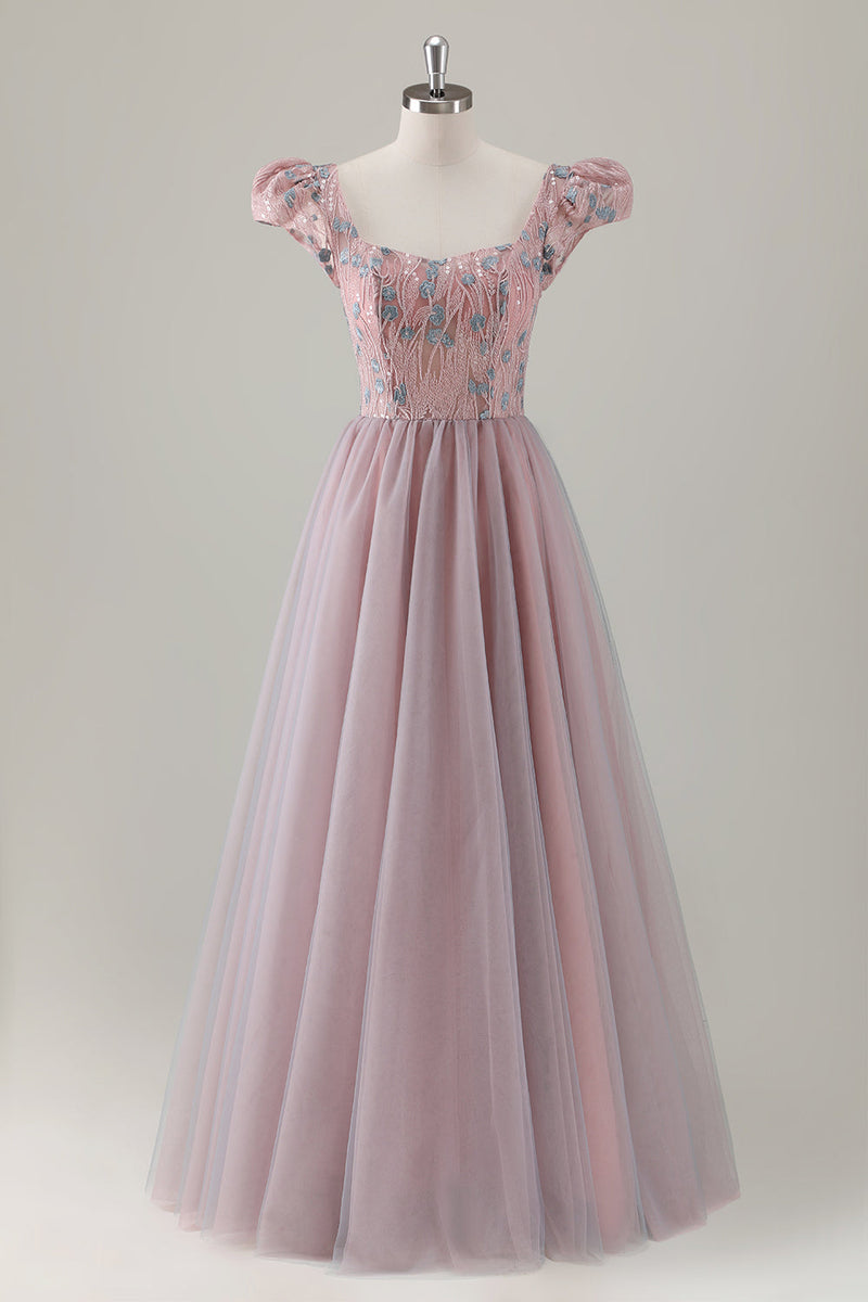 Load image into Gallery viewer, Grey Pink Floral A-Line Long Prom Dress with Short Sleeves