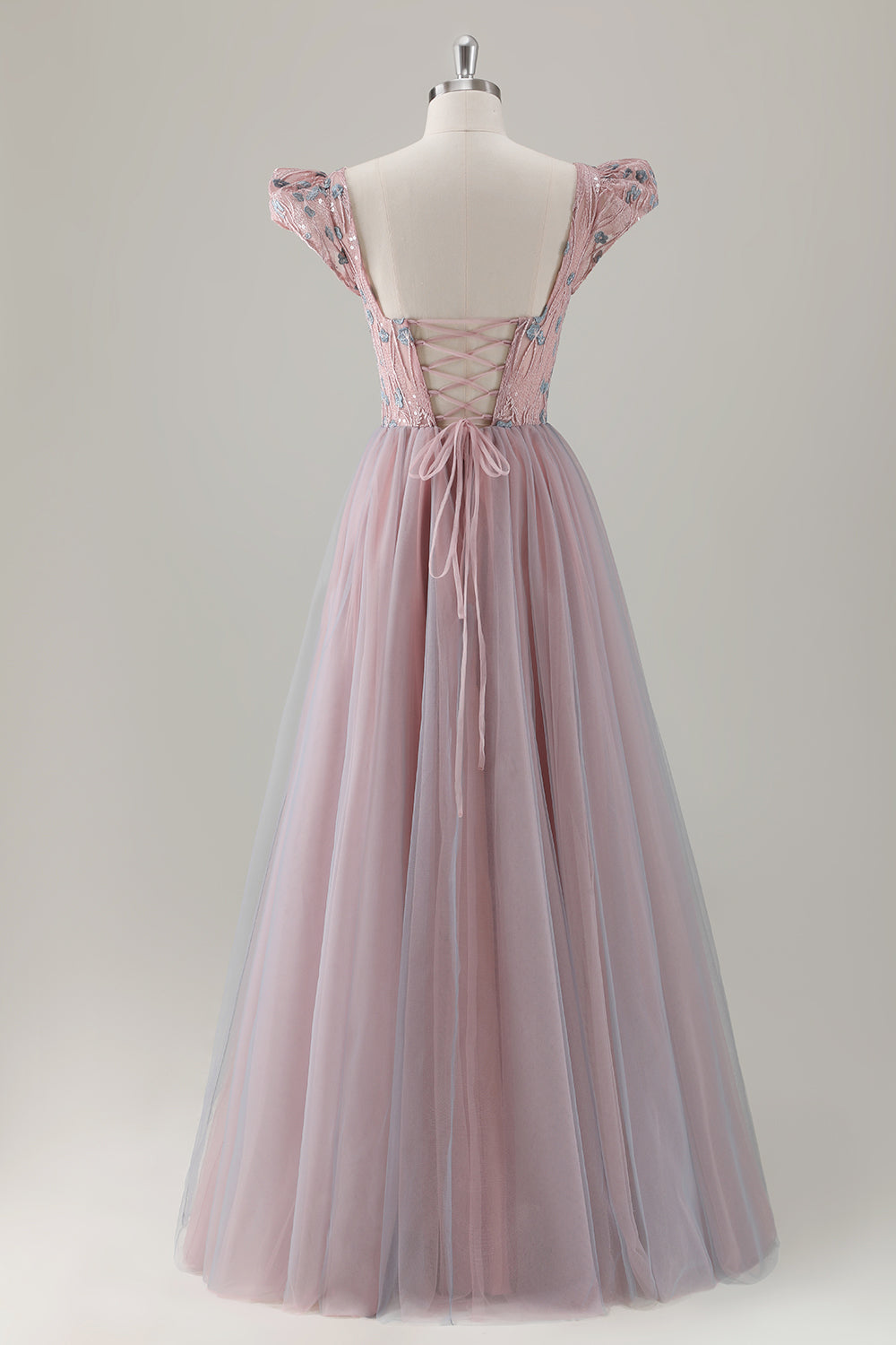 Zapaka Women Grey Pink Floral Prom Dress with Short Sleeves A-Line Long Appliqued Tulle Formal Dress ZAPAKA UK Zapaka Women Grey Pink Floral Prom Dress with Short Sleeves A-Line Long Appliqued Tulle Formal Dress ZAPAKA UK