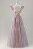 Load image into Gallery viewer, Grey Pink Floral A-Line Long Prom Dress with Short Sleeves