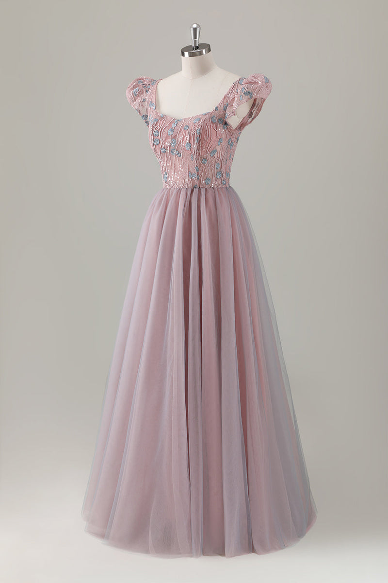 Load image into Gallery viewer, Grey Pink Floral A-Line Long Prom Dress with Short Sleeves