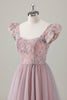 Load image into Gallery viewer, Grey Pink Floral A-Line Long Prom Dress with Short Sleeves