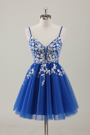 Royal Blue Spaghetti Straps Short Graduation Dress with Appliques