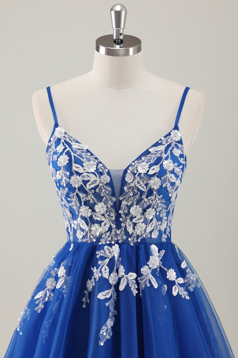 Load image into Gallery viewer, Royal Blue Spaghetti Straps Short Graduation Dress with Appliques