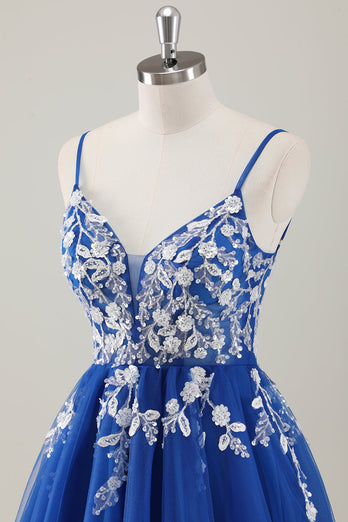 Royal Blue Spaghetti Straps Short Graduation Dress with Appliques