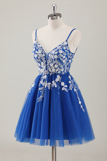 Royal Blue Spaghetti Straps Short Graduation Dress with Appliques