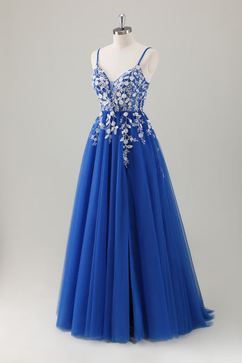 Royal Blue Ball-Gown Long Appliqued Prom Dress with Slit